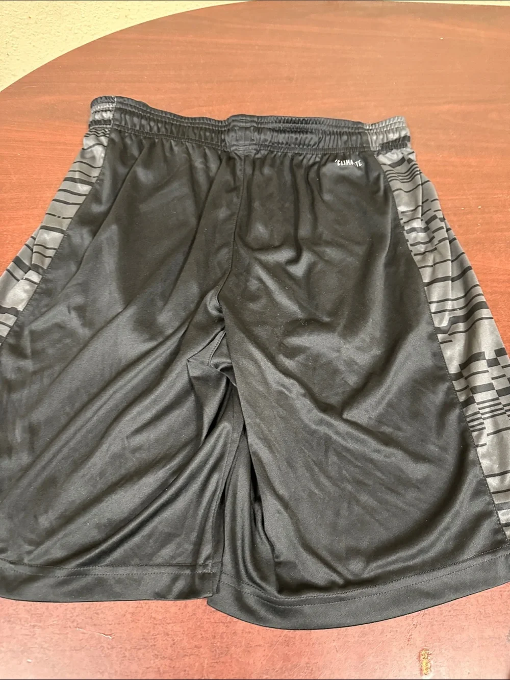 #218, Size M, adidas Men’s Black Athletic Shorts with Gray Patterned Side Panels